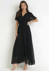 Czarna Kopertowa Sukienka Maxi z Gumką w Pasie Narlin. Czarne sukienki damskie Born2be, bez wzorów, z jeansu, klasyczne, bez ramiączek. Za 159.99 zł.