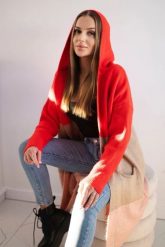 Sweter Kardigan z kapturem w pasy czerwony+camelowy+pudrowy róż. Czerwone kardigany damskie KESI, l, bez wzorów, z jeansu. Za 209.08 zł.