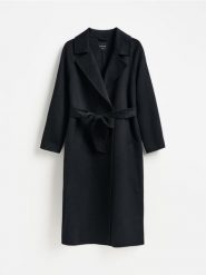 Długi płaszcz z wełną - czarny. Czarne płaszcze damskie Reserved, l, bez wzorów, z tkaniny, bez kaptura. Za 399.99 zł.