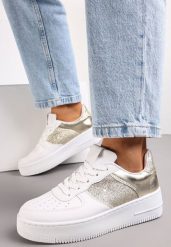 Biało-Złote Sneakersy z Cholewką przed Kostkę z Metalicznymi i Brokatowymi Wstawkami Kazma. Białe obuwie sportowe damskie Renee, z jeansu, przed kostkę, bez zapięcia. Za 69.99 zł.