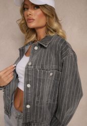 Szara Kurtka Jeansowa w Delikatne Prążki z Kieszeniami Ravirose. Szare kurtki damskie Renee, l, bez wzorów, z jeansu, bez kaptura. Za 159.99 zł.