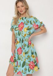 Jasnoniebieska Bawełniana Sukienka w Kwiatowy Wzór z Wiązaniem w Talii i na Rękawach Tosmira. Niebieskie sukienki damskie Born2be, bez wzorów, z bawełny, eleganckie, bez ramiączek. Za 89.99 zł.