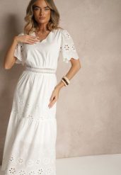 Biała Rozkloszowana Sukienka z Bawełny z Haftowanymi Zdobieniami w Stylu Boho Efrivina. Białe sukienki damskie Renee, z aplikacjami, z bawełny, boho, bez ramiączek. W wyprzedaży za 111.99 zł.