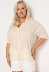 Beżowa Bawełniana Koszula z Krótkim Rękawem w Ozdobne Kropki Tinasenna. Brązowe koszule damskie Born2be, plus size, bez wzorów, z bawełny, biznesowe, bez kołnierzyka, plus size, bez ramiączek. Za 74.99 zł.