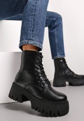 Czarne Botki w Stylu Workerów na Masywnej Platformie Aidana. Czarne botki damskie Renee, z jeansu, rockowe, bez obcasa, na płaskiej podeszwie, bez zapięcia. Za 169.99 zł.