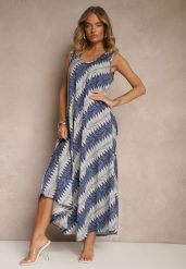 Granatowa Rozkloszowana Sukienka z Geometrycznym Wzorem Lumire. Niebieskie sukienki damskie Renee, z aplikacjami, eleganckie, bez ramiączek. W wyprzedaży za 55.99 zł.