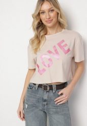 Ciemnobeżowy Bawełniany T-shirt Oversize o Krótkim Kroju z Napisem Sannelia. Brązowe t-shirty damskie Born2be, m, bez wzorów, z bawełny, bez kołnierzyka. Za 34.99 zł.