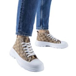 Brązowe trampki zdobione monogramem Terenzio beżowy. Brązowe trampki damskie z aplikacjami, z tkaniny, bez zapięcia. Za 73.01 zł.