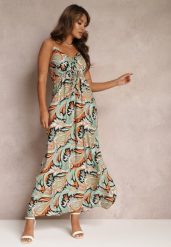 Zielono-Czarna Rozkloszowana Sukienka z Wiskozy w Fantazyjny Print Eirlina. Zielone sukienki damskie Renee, bez wzorów, z tkaniny, bez ramiączek. W wyprzedaży za 63.99 zł.