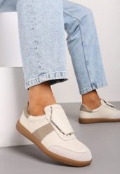 Beżowe Sneakersy na Płaskiej Podeszwie ze Skóry Wykończone Zamszową Wstawką Milirae. Brązowe obuwie sportowe damskie Renee, ze skóry, bez zapięcia. Za 159.99 zł.