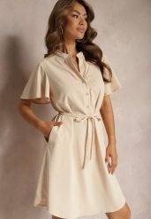 Beżowa Trapezowa Sukienka z Dekoltem Zapinanym na Guziki i Materiałowym Paskiem w Talii Vikiiraes. Brązowe sukienki damskie Renee, bez wzorów, z materiału, eleganckie, bez ramiączek. W wyprzedaży za 83.99 zł.