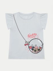 Guess T-Shirt K5GI05 K6YW4 Błękitny Regular Fit. Niebieskie koszulki i t-shirty dziewczęce Guess, z aplikacjami, z bawełny, bez kołnierzyka, bez ramiączek. Za 59.99 zł.