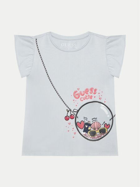 Guess T-Shirt K5GI05 K6YW4 Błękitny Regular Fit. Niebieskie koszulki i t-shirty dziewczęce Guess, z aplikacjami, z bawełny, bez kołnierzyka, bez ramiączek. Za 59.99 zł.