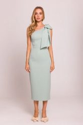 Elegancka sukienka ołówkowa na jedno ramię z kokardą miętowa. Zielone sukienki damskie MOE, bez wzorów, z elastanu, eleganckie, bez ramiączek. Za 409.00 zł.