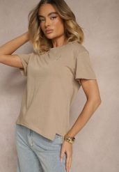 Beżowy T-shirt z Dłuższym Tyłem Zdobiony Haftem Ninilla. Brązowe t-shirty damskie Renee, m, z aplikacjami, bez kołnierzyka. Za 49.99 zł.