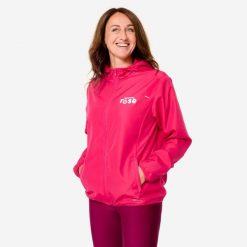 Kurtka do biegania wiatrówka damska Kiprun Run 100 "Bougeons en rose". Czerwone kurtki damskie KIPRUN, s, bez wzorów, z materiału, bez kaptura. Za 89.99 zł.