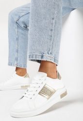 Biało-Złote Sneakersy na Grubej Podeszwie z Cyrkoniami i Metalicznymi Wstawkami Arelai. Białe obuwie sportowe damskie Born2be, na lato, z jeansu, bez zapięcia. Za 84.99 zł.