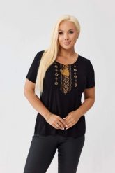 Wiskozowa czarna bluzka z haftem przy dekolcie OVERSIZE PLUS SIZE WIOSNA LATO. Czarne bluzki damskie Moda Size Plus Iwanek, l, bez wzorów, z elastanu, biznesowe, bez kołnierzyka, plus size, bez ramiączek. Za 129.90 zł.