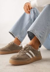 Ciemnobeżowe Sneakersy Typu Tenisówki z Zamszu Naturalnego Ozdobione Paskami Tarinella. Brązowe obuwie sportowe damskie Renee, z jeansu, bez zapięcia, tenisowe. Za 169.99 zł.