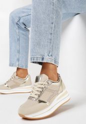 Beżowe Sneakersy na Grubej Podeszwie z Błyszczącymi Wstawkami i Sznurowaniem Lirevasa. Brązowe obuwie sportowe damskie Born2be, bez zapięcia. Za 109.99 zł.