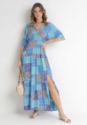 Niebieska Wiskozowa Sukienka Maxi z Gumkami w Pasie i Abstrakcyjnym Wzorem Zamania. Niebieskie sukienki damskie Born2be, bez wzorów, z wiskozy, bez ramiączek. Za 199.99 zł.
