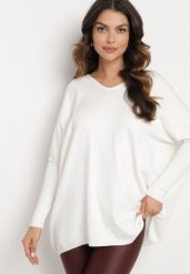 Biała Bluzka z Wiskozą o Nietoperzowym Kroju z Wycięciem na Plecach z Cyrkoniami Vaivenne. Białe bluzki damskie Born2be, s, bez wzorów, z dzianiny, eleganckie, bez kołnierzyka, bez ramiączek. Za 44.99 zł.