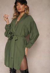 Zielona Sukienka Kimono z Wiskozy z Kieszeniami Zdobiona Ażurowymi Wstawkami Salithia. Zielone sukienki damskie Renee, z aplikacjami, z wiskozy, eleganckie, bez ramiączek. W wyprzedaży za 91.99 zł.