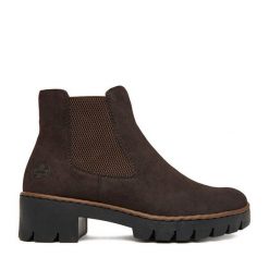 Botki Rieker. Brązowe botki damskie Rieker, bez obcasa, na płaskiej podeszwie, bez zapięcia. Za 349.99 zł.
