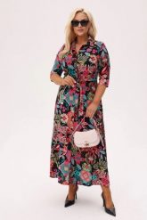 Czarna koszulowa sukienka Lola o długości MAXI w print orientalnych kwiatów PLUS SIZE XXL OVERSIZE JESIEŃ. Czarne sukienki damskie Moda Size Plus Iwanek, bez wzorów, z materiału, biznesowe, bez ramiączek. Za 329.90 zł.