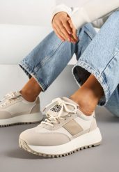 Beżowe Sneakersy na Platformie z Geometrycznym Wzorem Aluina. Brązowe obuwie sportowe damskie Renee, z jeansu, bez zapięcia. Za 89.99 zł.