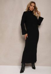 Czarna Sukienka Sweterkowa z Wiskozą Ozdobiona Wywiniętymi Rękawami Gebika. Czarne sukienki damskie Renee, z aplikacjami, z wiskozy, eleganckie, bez ramiączek. W wyprzedaży za 151.99 zł.