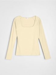 Prążkowana koszulka z długim rękawem - żółty. Żółte koszulki damskie Sinsay, l, bez wzorów, prążkowane, bez kołnierzyka, bez ramiączek. Za 29.99 zł.