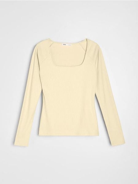 Prążkowana koszulka z długim rękawem - żółty. Żółte koszulki damskie Sinsay, l, bez wzorów, prążkowane, bez kołnierzyka, bez ramiączek. Za 29.99 zł.