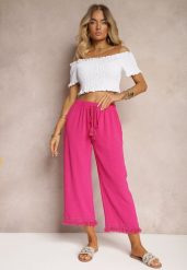 Fuksjowe Szerokie Spodnie High Waist z Gumką w Pasie Jolfea. Czerwone spodnie materiałowe damskie Renee, bez wzorów, z jeansu. Za 39.99 zł.