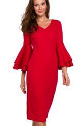 Sukienka na wesele elegancka midi z bufiastymi rękawami czerwona. Czerwone sukienki damskie Makover, bez wzorów, eleganckie, bez ramiączek. Za 289.00 zł.