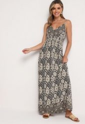 Czarno-Beżowa Wiskozowa Sukienka Boho na Ramiączkach z Gumką w Pasie Elorea. Czarne sukienki damskie Born2be, bez wzorów, z materiału, boho, bez ramiączek. Za 79.99 zł.