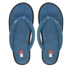 Japonki Tommy Jeans. Niebieskie klapki damskie Tommy Jeans, bez wzorów, z denimu, bez obcasa, bez zapięcia. Za 289.99 zł.