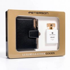 Zestaw prezentowy: skórzany portfel damski na zatrzask i woda perfumowana Velvet — Peterson. Portfele damskie Peterson, bez wzorów, ze skóry ekologicznej. Za 159.99 zł.