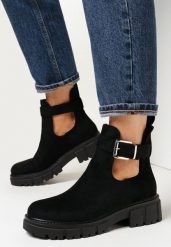 Czarne Botki z Wycięciem na Grubej Podeszwie Vere. Czarne botki damskie Born2be, eleganckie, za kostkę, bez obcasa, na płaskiej podeszwie, bez zapięcia. Za 149.99 zł.