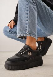 Czarne Chunky Sneakersy VICES z Aplikacją na Platformie ze Żłobieniami Ilunatesa. Czarne obuwie sportowe damskie Renee, z jeansu, bez zapięcia. Za 99.99 zł.