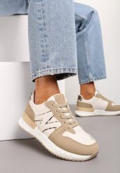 Ciemnobeżowe Płaskie Sneakersy ze Sznurowaniem z Metalicznymi Wstawkami Remarie. Brązowe obuwie sportowe damskie Renee, z materiału, bez zapięcia. Za 89.99 zł.