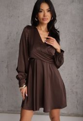 Brązowa Bawełniana Sukienka VICES z Satyny z Kopertowym Dekoltem Cunelia. Brązowe sukienki damskie Renee, bez wzorów, z bawełny, eleganckie, bez ramiączek. Za 129.99 zł.