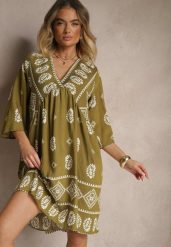 Ciemnozielona Sukienka z Wiskozy w Stylu Boho Virisna. Zielone sukienki damskie Renee, z aplikacjami, z wiskozy, boho, bez ramiączek. W wyprzedaży za 55.99 zł.