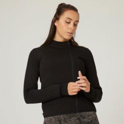 Bluza na zamek damska Nyamba Gym & Pilates 500. Czarne bluzy damskie DOMYOS, xs, bez wzorów, z bawełny, bez kaptura. W wyprzedaży za 99.99 zł.