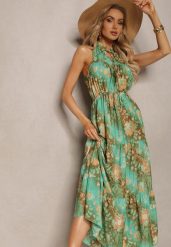 Zielona Sukienka w Stylu Boho z Gumką w Talii i Ozdobnym Wiązaniem Piofara. Zielone sukienki damskie Renee, bez wzorów, z materiału, boho, bez ramiączek. W wyprzedaży za 75.99 zł.