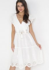 Biała Rozkloszowana Sukienka Midi Euphina. Białe sukienki damskie Born2be, z aplikacjami, z koronki, bez ramiączek. Za 179.99 zł.