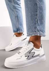 Białe Płaskie Sneakersy z Metalową i Brokatową Wstawką Nebritta. Białe obuwie sportowe damskie Renee, bez zapięcia. Za 79.99 zł.