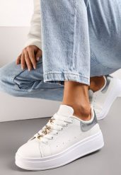 Biało-Srebrne Sneakersy na Platformie z Metaliczną Wstawką Grevaja. Szare obuwie sportowe damskie Renee, z jeansu, bez zapięcia. Za 74.99 zł.