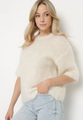 Jasnobeżowy Moherowy Sweter o Kroju Nietoperza z Rękawami 3/4 Eleanira. Brązowe swetry klasyczne damskie Born2be, na zimę, uniwersalny, z jeansu, bez kołnierzyka. Za 249.99 zł.