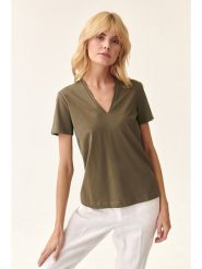 TATUUM Koszulka w kolorze khaki rozmiar: XS. Brązowe bluzki damskie TATUUM, xs, bez wzorów, z bawełny, bez kołnierzyka, bez ramiączek. Za 65.85 zł.